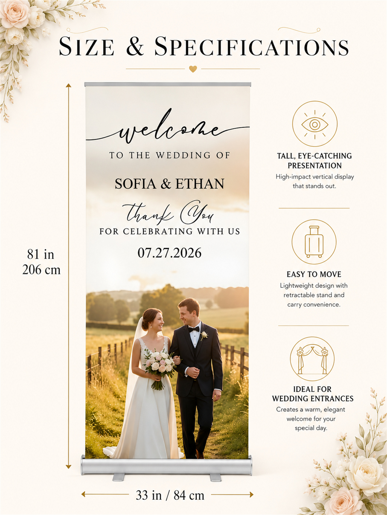婚礼定制伸缩横幅 – 个性化婚礼欢迎牌、接待装饰和背景幕布